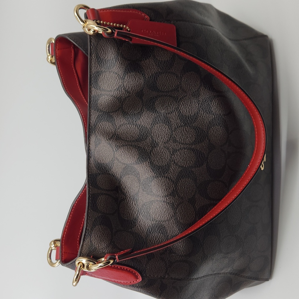 Coach Brown Signature Canvas Shoulder Bag with Red Trim - Picture 8 of 11